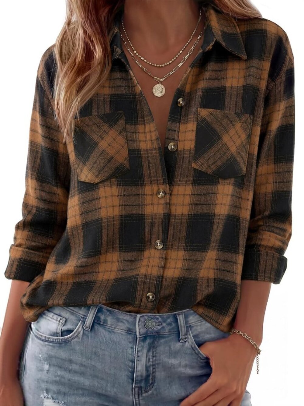 Cozy Long Sleeve Flannel Shirt for Women - Casual Plaid Button Down Top